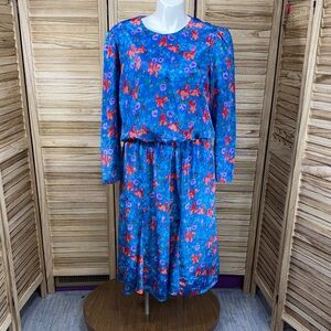 Starlo Floral Blue Red Purple Green Long Sleeve Women's Dress Size 18 Vintage